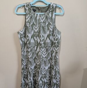 Talbots Ikat Maxi Dress Womens Size 12 Green White Sleeveless Fit Flare Summer